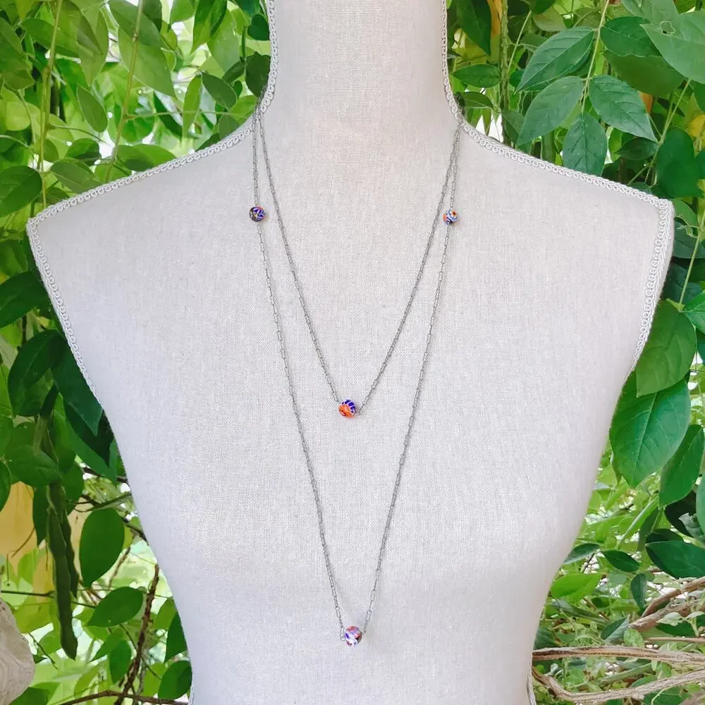 VTG 1950s 60s Millefiori Glass Bead Necklace Long Opera Silver Tone 54
